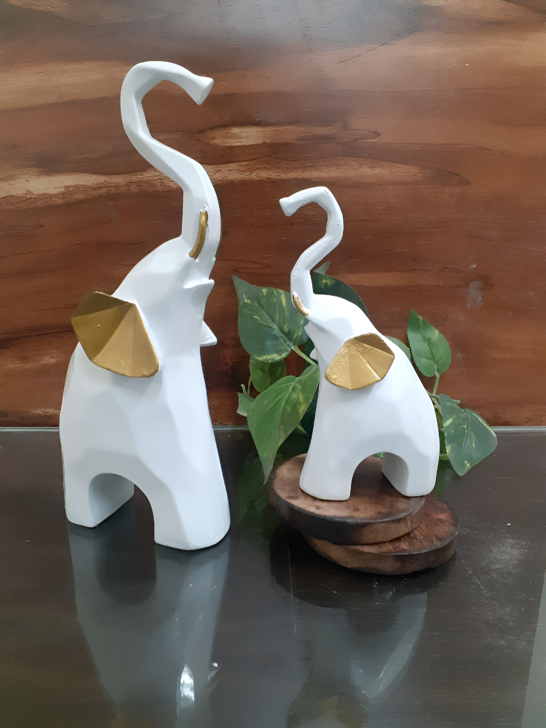 Afterstitch Elephant White Polyresin Glossy Living Room Set of 2 Medium Showpieces -