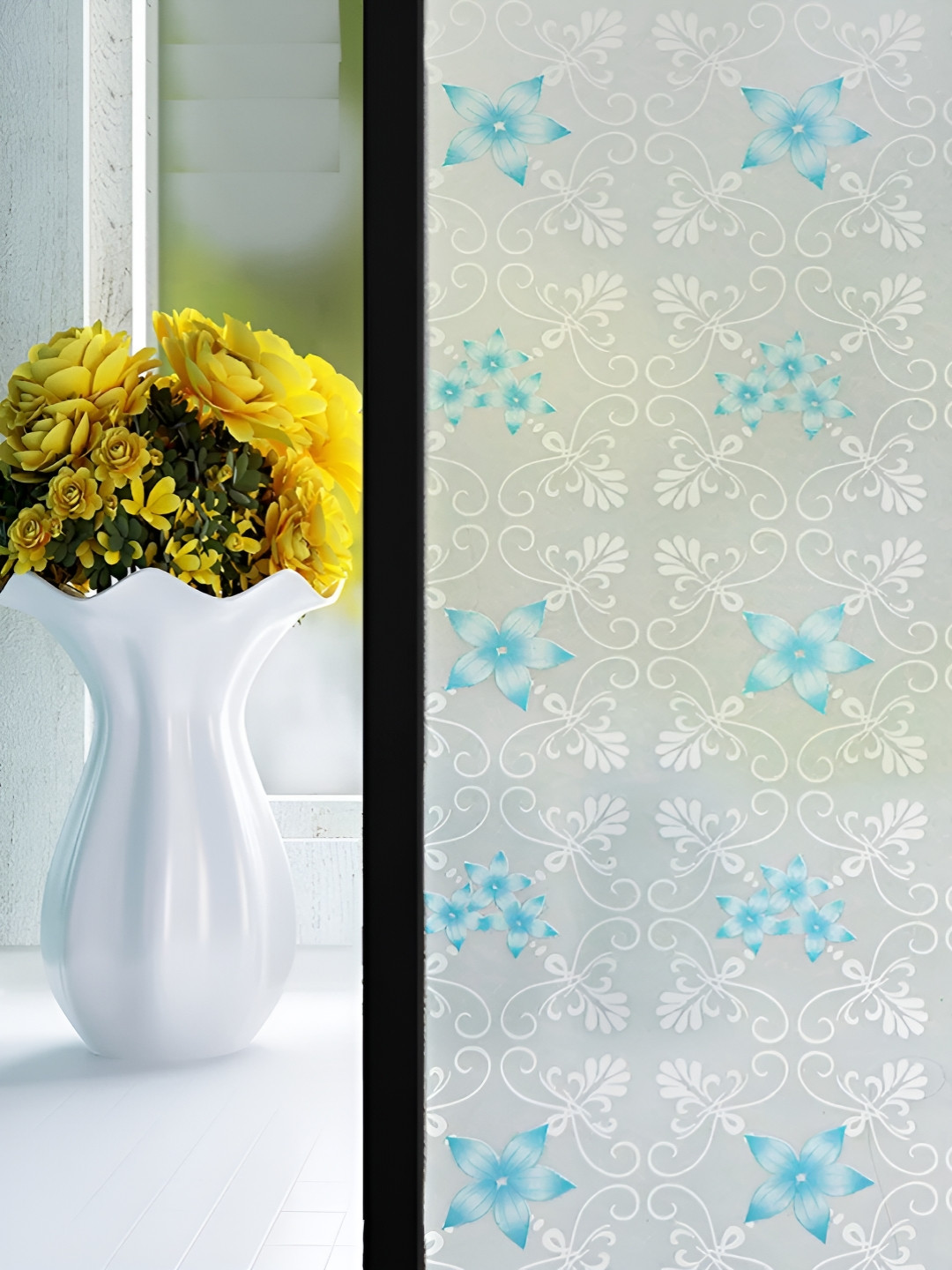 INDIAN ROYALS White & Turquoise-Blue Floral Printed Self-Adhesive Waterproof UV-Protection