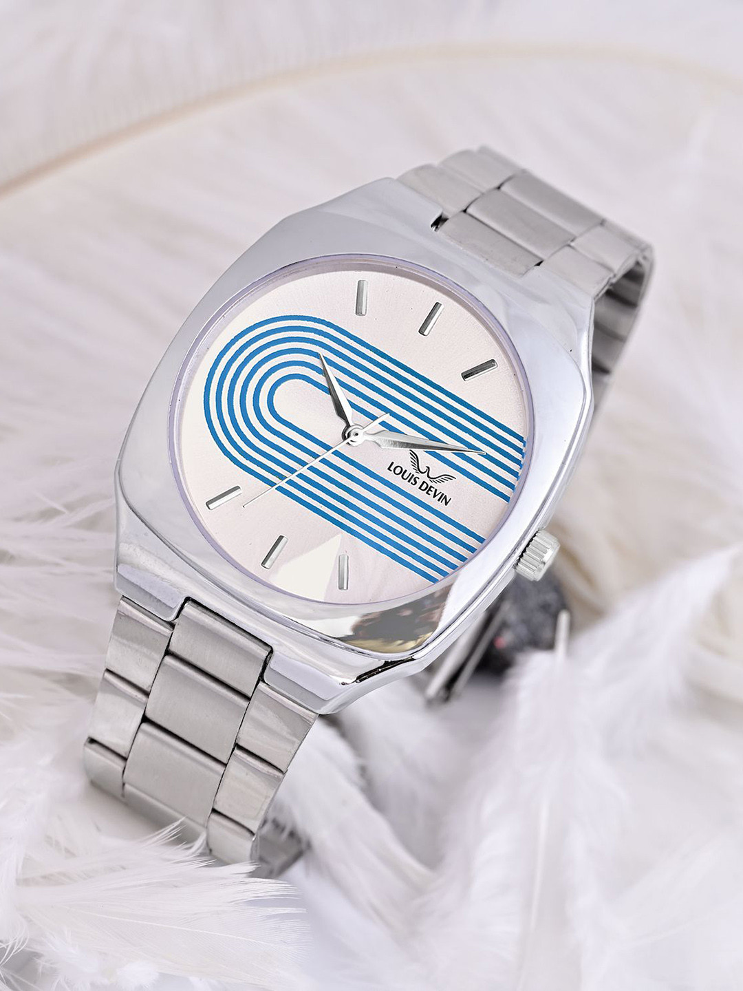 LOUIS DEVIN Men Silver & Blue Dial Stainless Steel Chain Wrist Watch