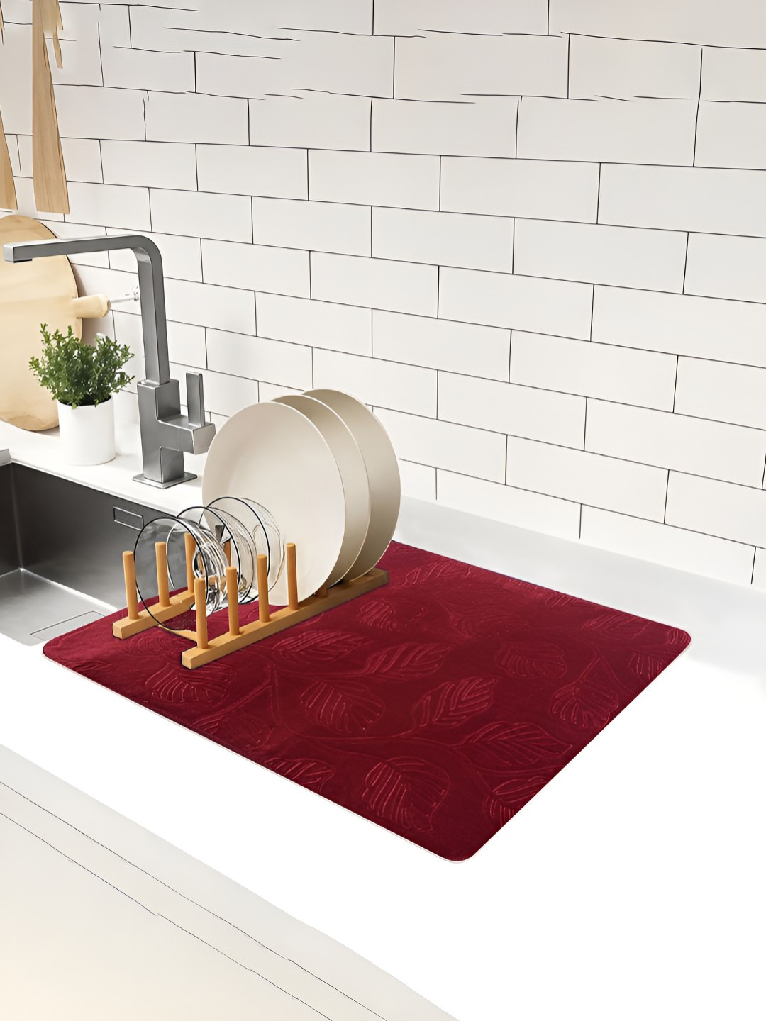 Aura Maroon Embossed Anti-Skid Kitchen Mat