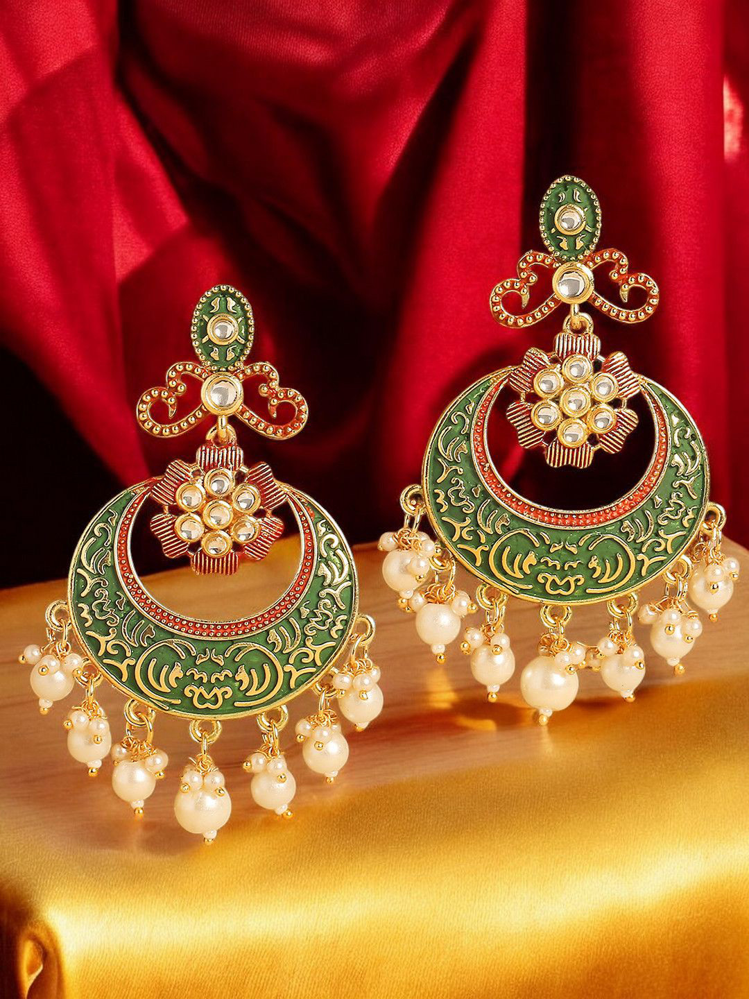 Anouk  Metal Base Gold-Plated Kundan Meenakari Chandbalis
