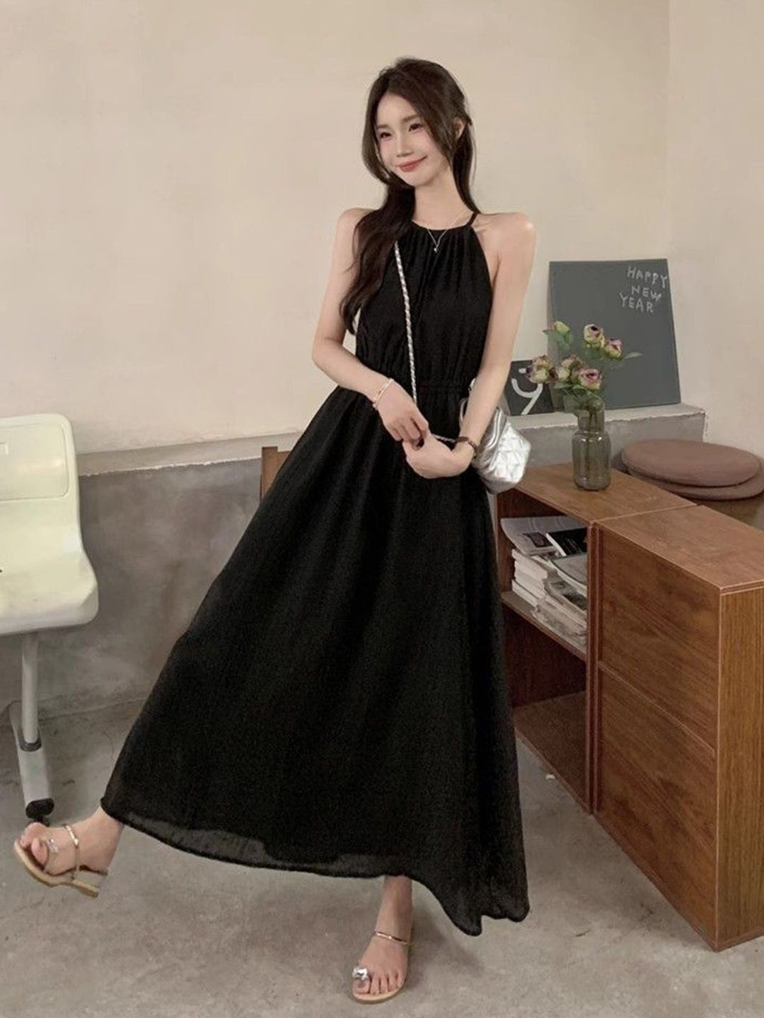 bebe Black Gathered Halter Neck Open Back Maxi Dress