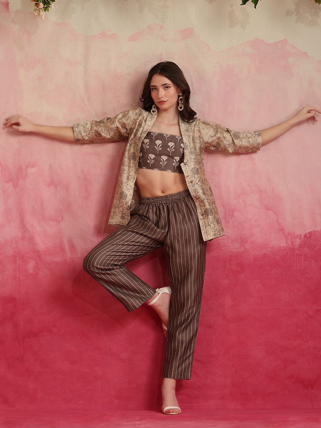 Khushal K Floral Printed Cropped-Top With Trouser & Jacket Co-Ords