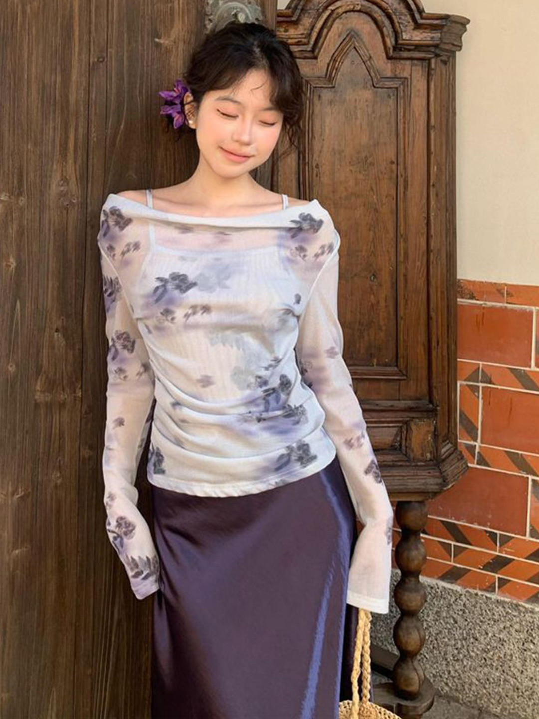 bebe Floral Print Mesh Full Sleeve Top