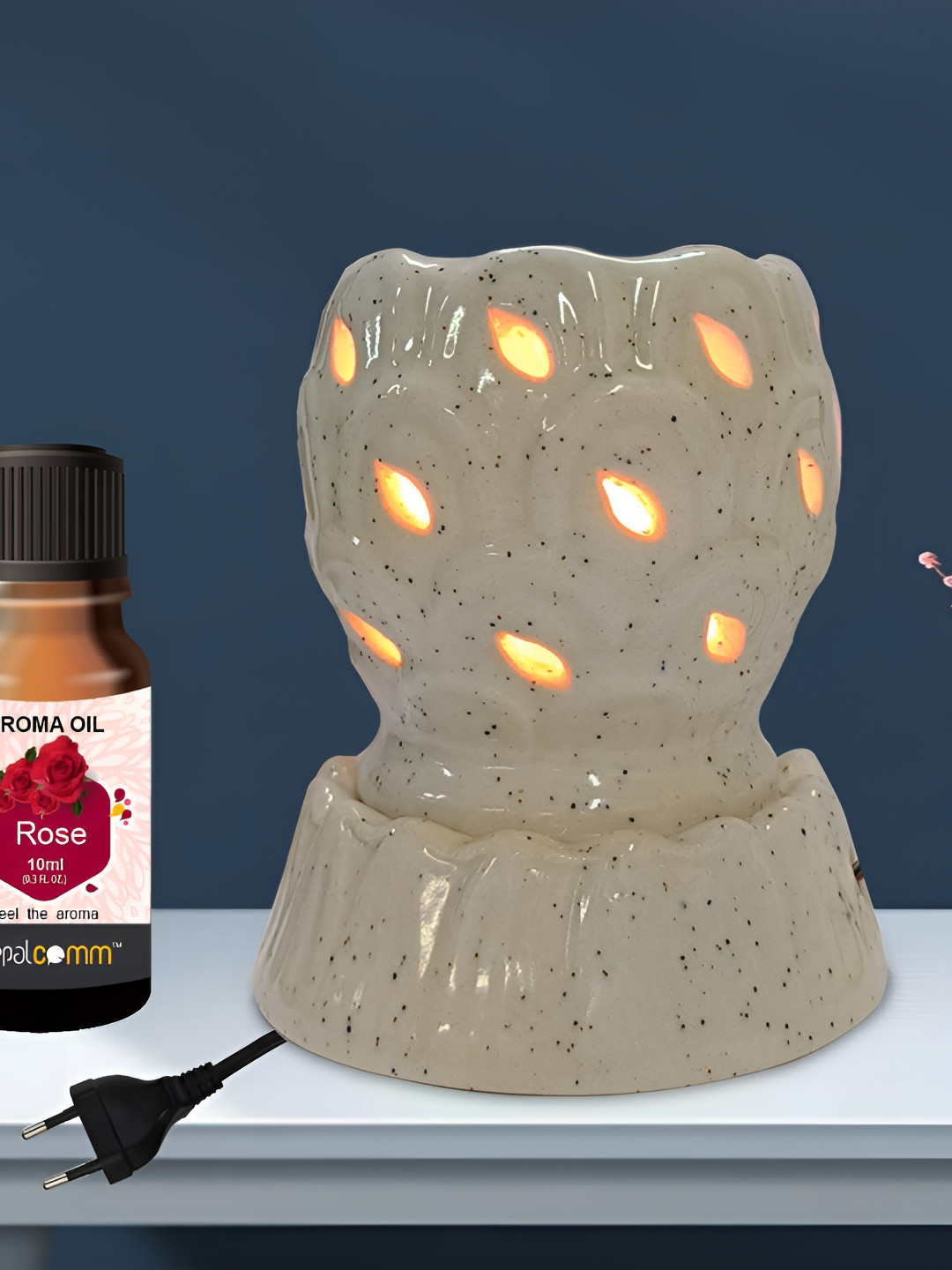 PEEPALCOMM Beige Electric Leaf Round Diffuser With Rose Scented Aroma Oil - 10ml