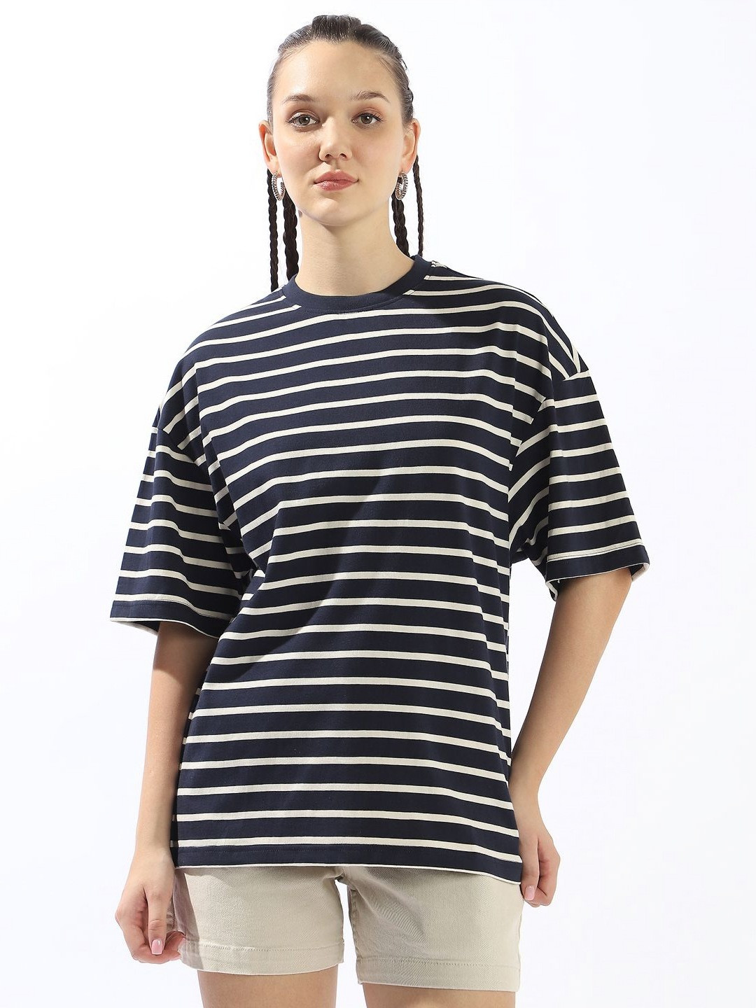 High Star Striped Drop-Shoulder Sleeves Monochrome Cotton Oversized T-Shirt