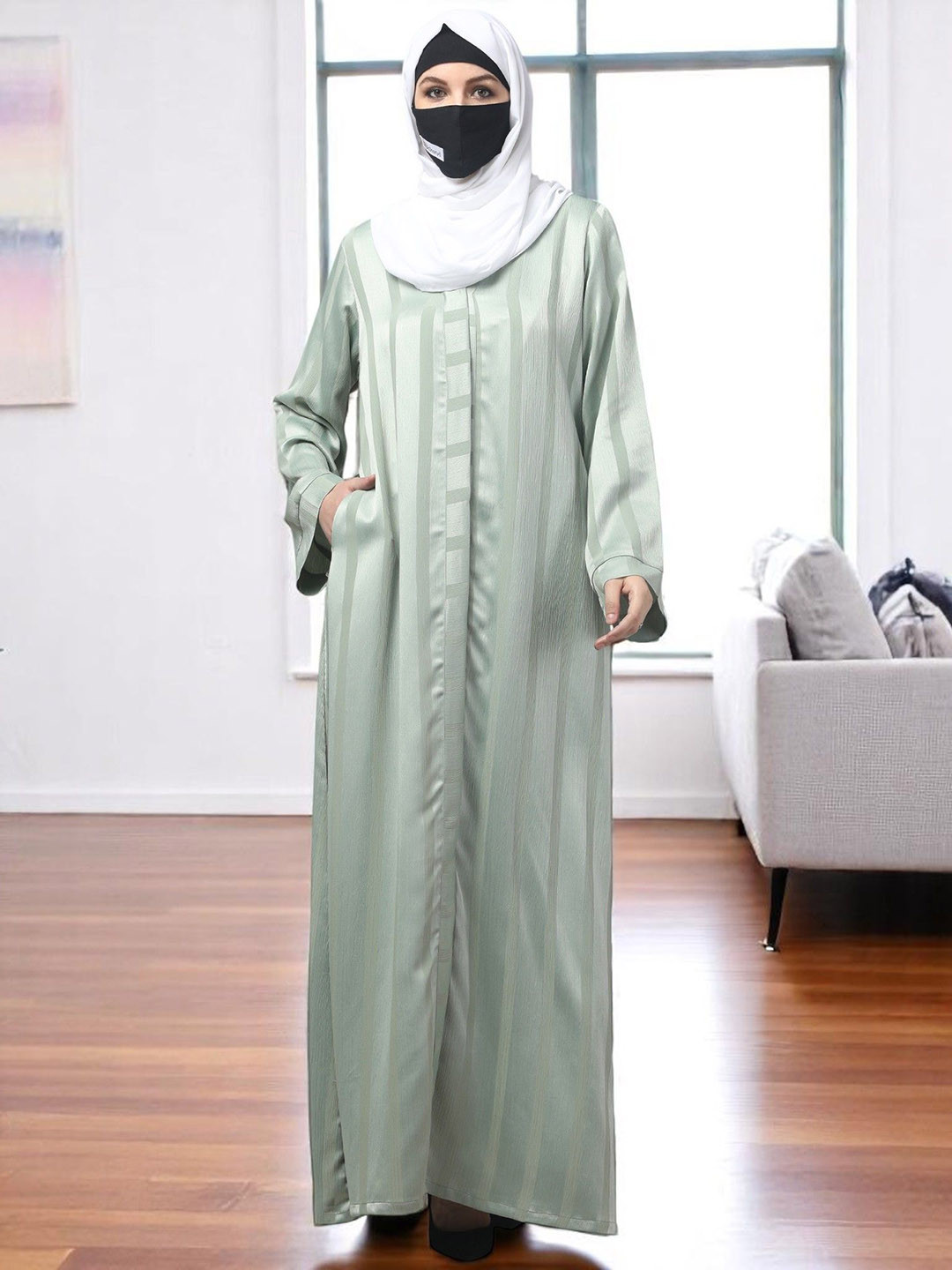 BASHARIYA Self Stripes Front Open Abaya Burqas
