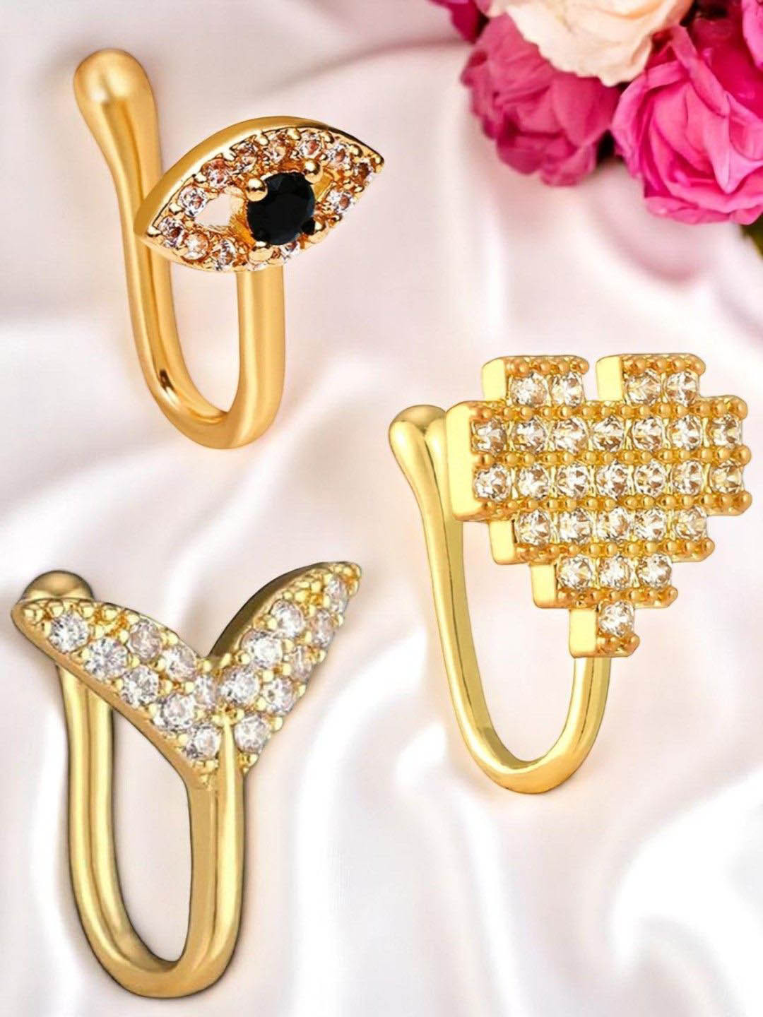 OOMPH Pack Of 3 Heart, Fish Fin & Evil Eye Shape Zircon Stud Nosepin