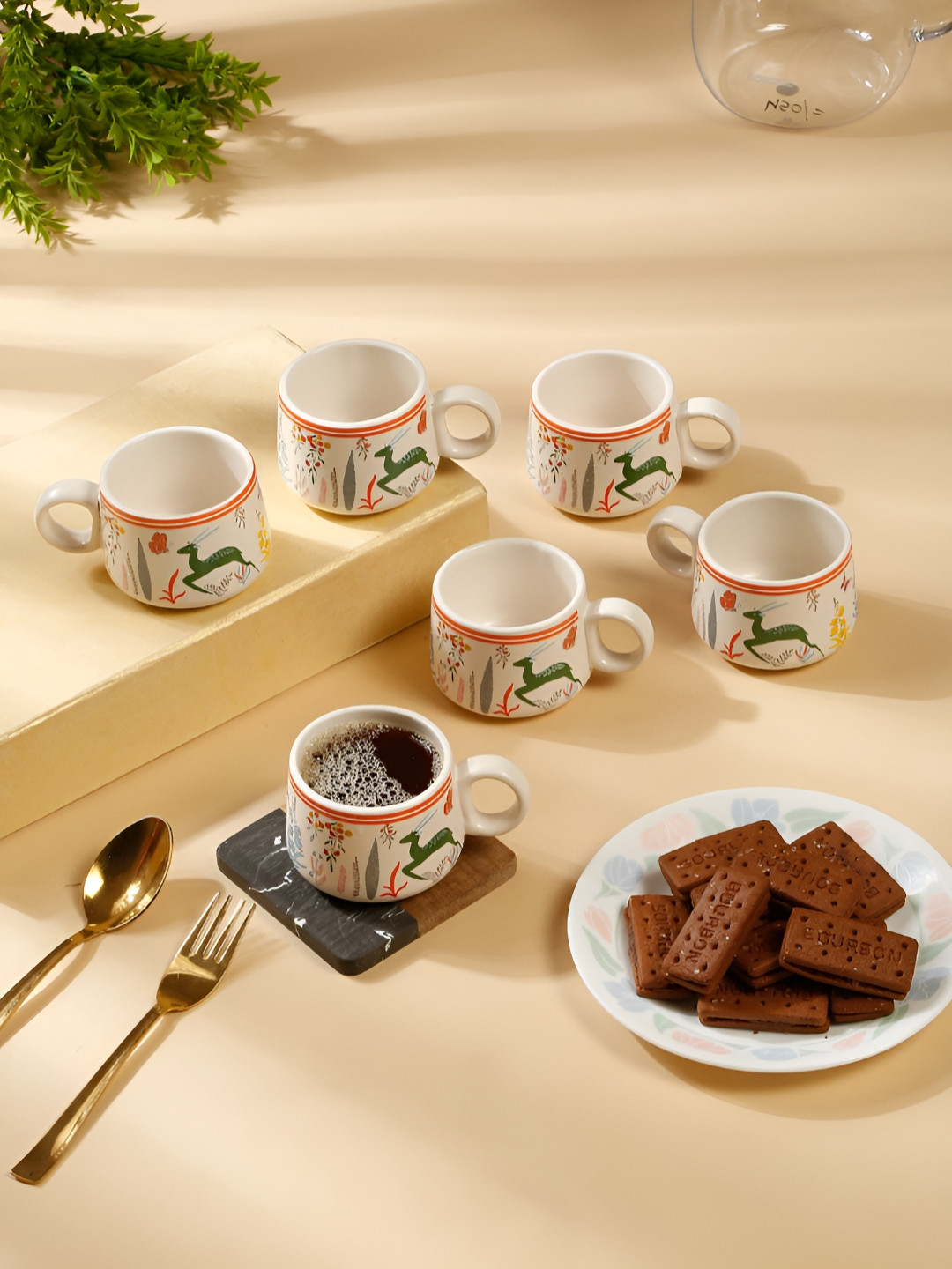 Myntra Elegant Homes Devak Name Personalised Off White Animal Print Ceramic Handcrafted 6 Piece Cups-120ml