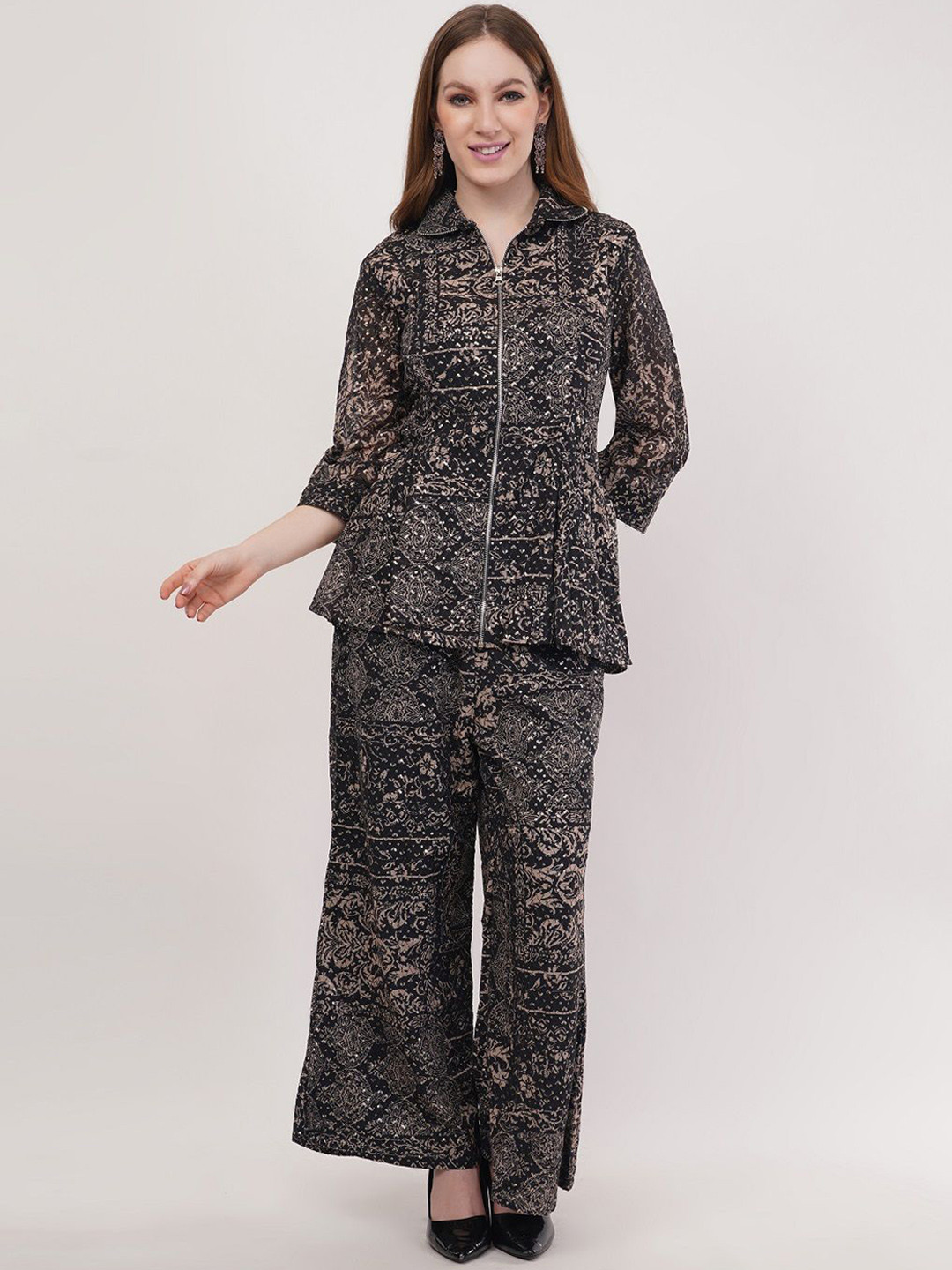 dhartii Summer Garden Printed Long-Line Shirt With Palazzo Co-Ords