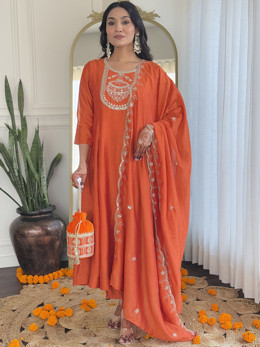TWINS LADY Floral Yoke Design Panelled A-Line Kurta With Trousers & Dupatta