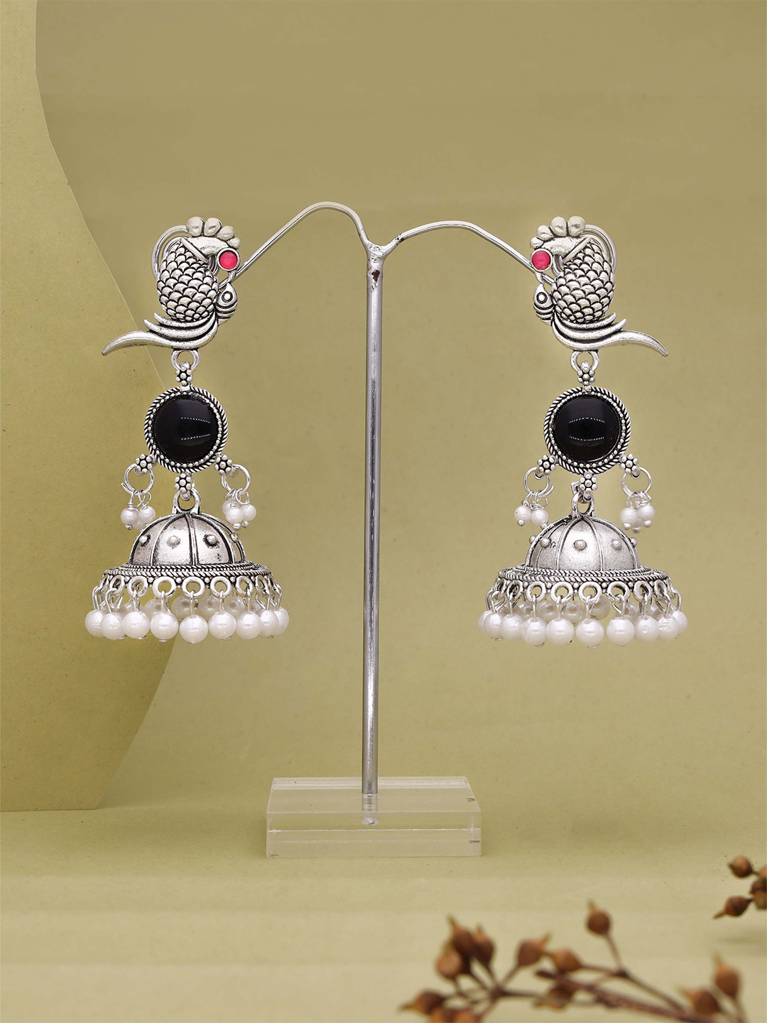 Anouk Silver-Plated Peacock Design Artificial Beaded Dome Shaped Jhumkas