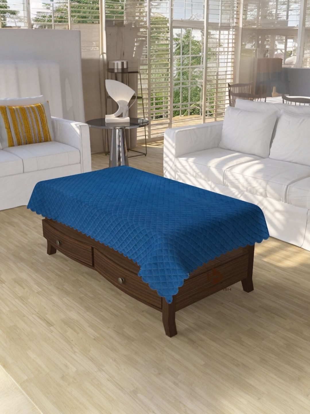 BIGGER FISH Navy Blue Anti-Slip Velvet Checkered Cotton 4-Seater Table Cover