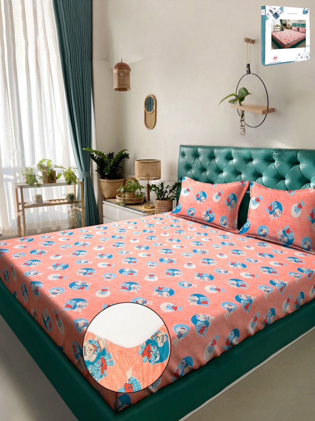 Myntra Elegant Homes Book Fold Orange Conversational Cotton 400 TC Fitted King Fine Bedsheet with a Pillow Cover-98 x 89 inches