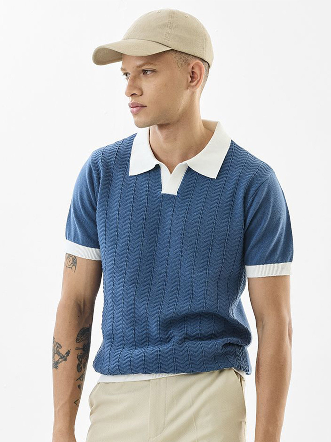 Snitch Blue Textured Polo Collar Slim Fit Cotton T-shirt