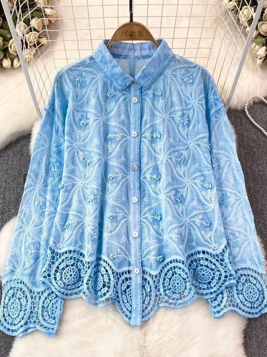 Miss Mosa By Akanksha  Blue Levy  Embroidered Cotton Shirt