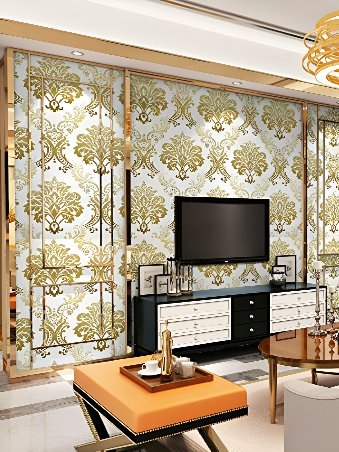 INDIAN ROYALS Gold & White Printed Damask Self Adhesive Home Dcor Waterproof Wallpaper