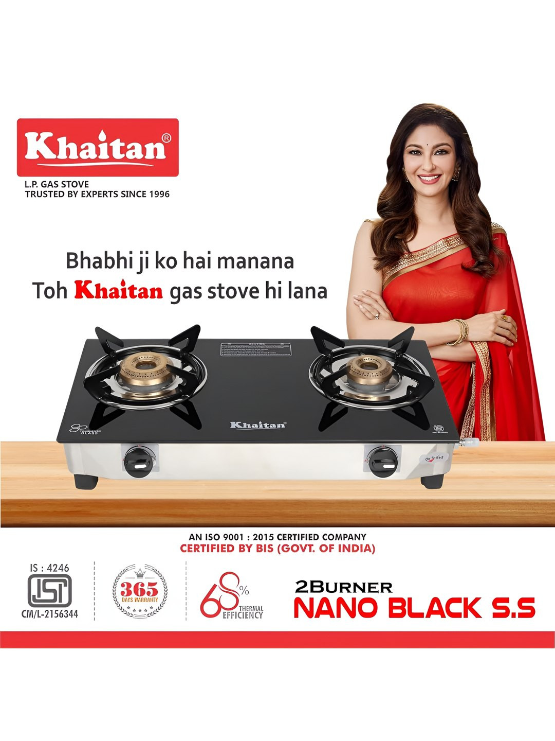 Khaitan Black Glass 2 Burners Manual LPG Gas Stove