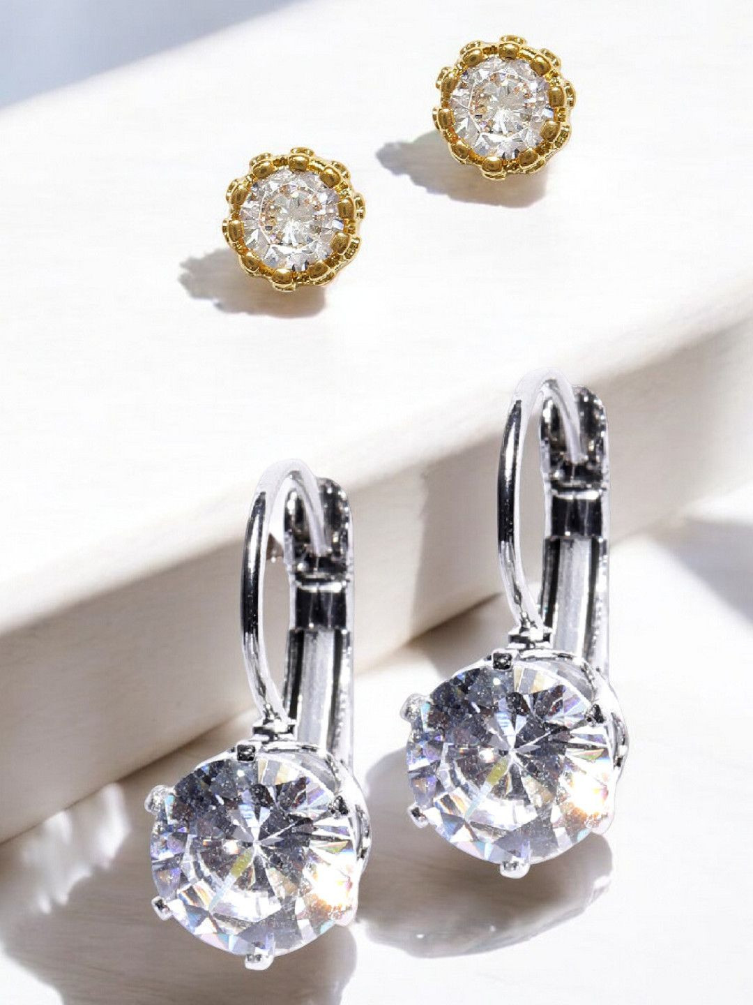 DressBerry Set Of 2 Gold & Silver Plated Cubic Zirconia Studded Studs And Drop Earrings