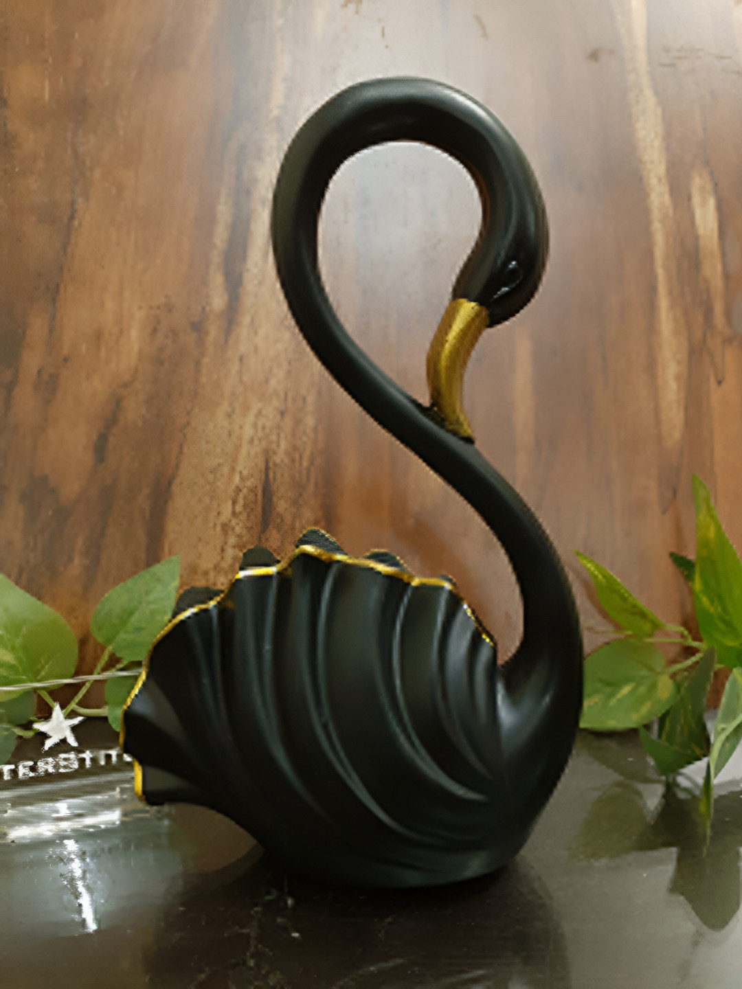 Afterstitch Swan Black Polyresin Glossy Living Room Medium Showpiece -
