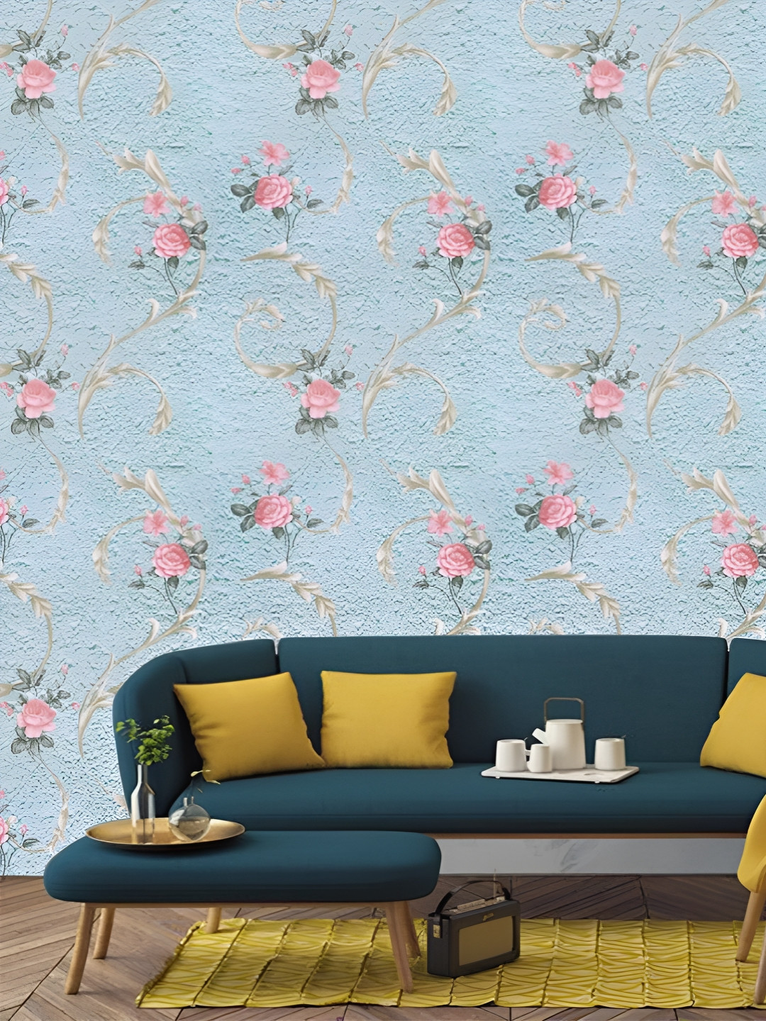 INDIAN ROYALS Blue & Pink Flower Printed Self-Adhesive Wall Sticker