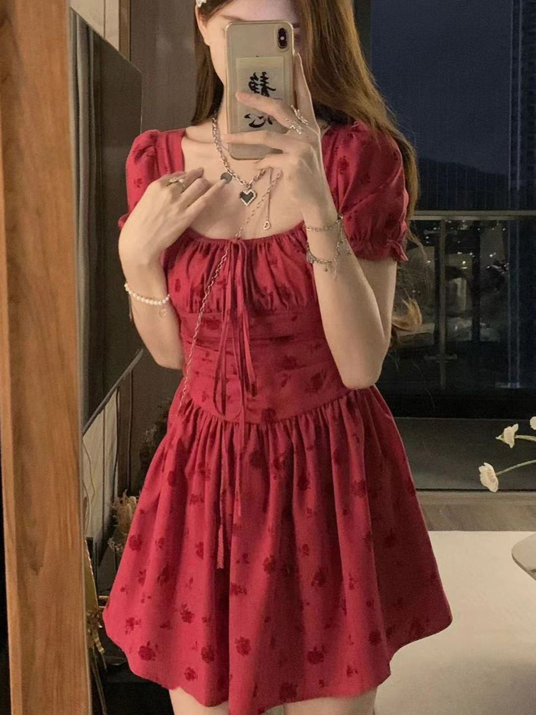 bebe Red Floral Print Square Neck Puff Sleeve Fit & Flare Mini Dress