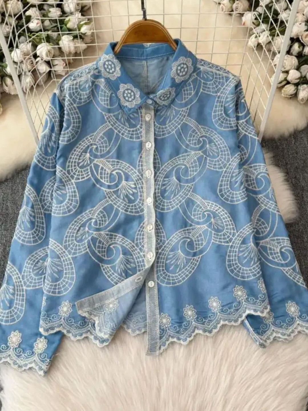 Miss Mosa By Akanksha  Blue Rosa Premium Embroidered Cotton Shirts