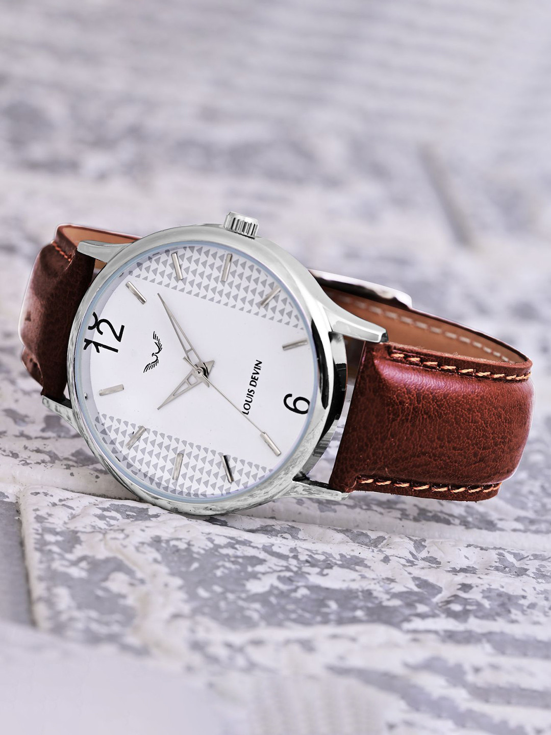 LOUIS DEVIN Men Brown & Silver Dial Faux Leather Strap Wrist Watch LD-WT077-SLV-BRW.