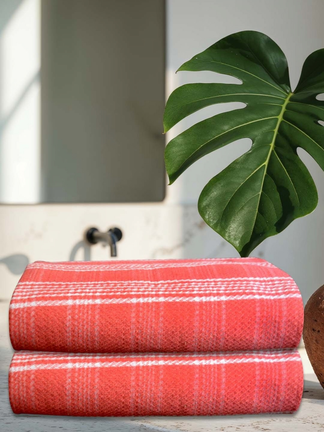 Athom Living Rust & White 2 Striped Cotton 210 GSM Bath Towel