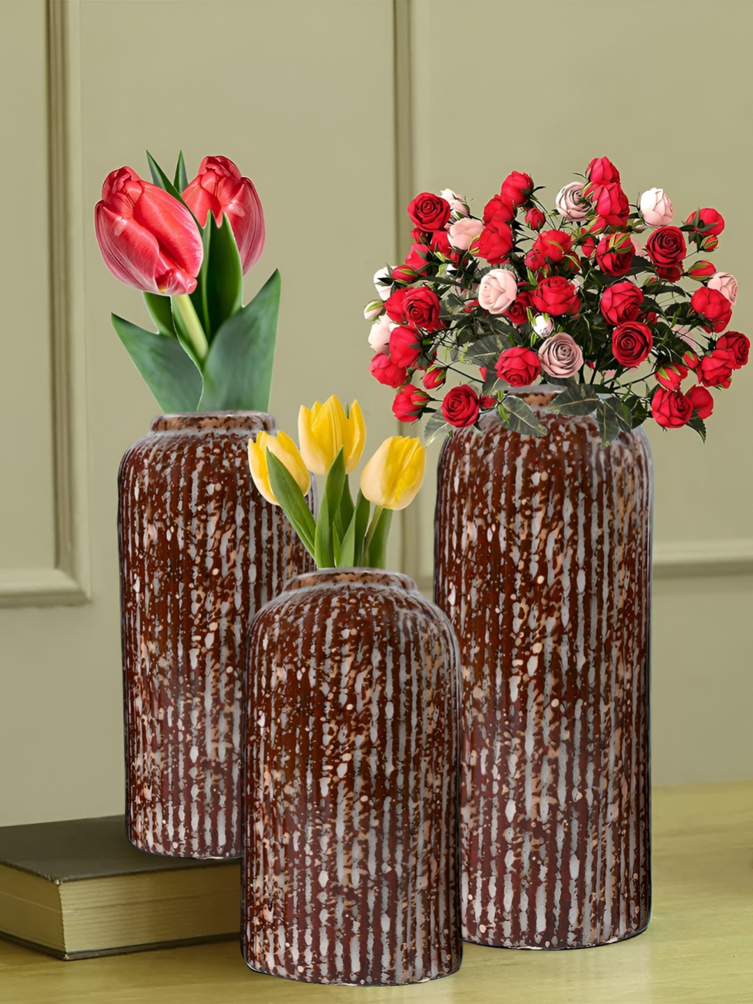 Amoorcart 3-Pcs Brown Ribbed Ceramic FlowerVases