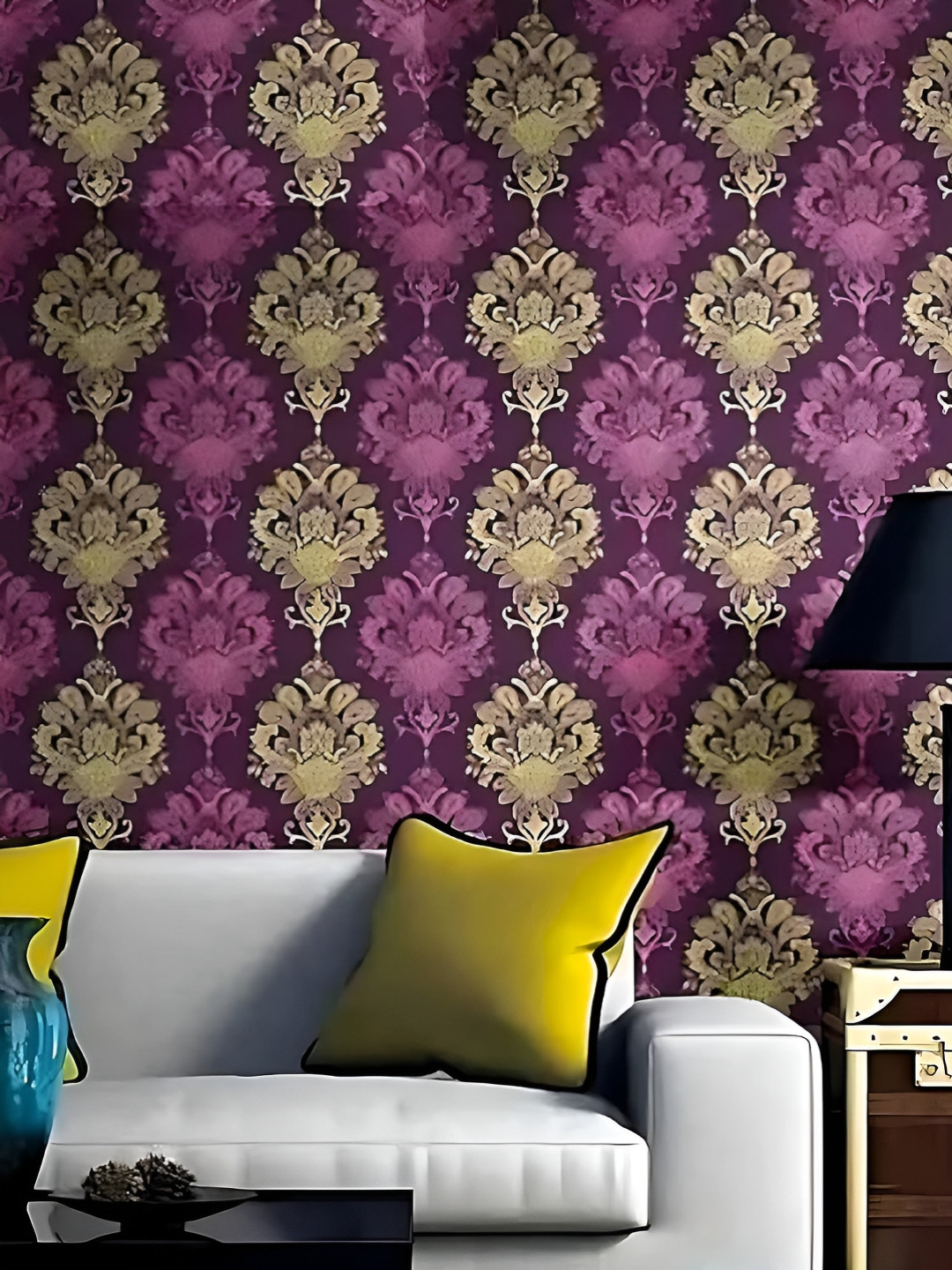 INDIAN ROYALS Cream Colored & Purple Printed Waterproof Self Adhesive Wallpaper