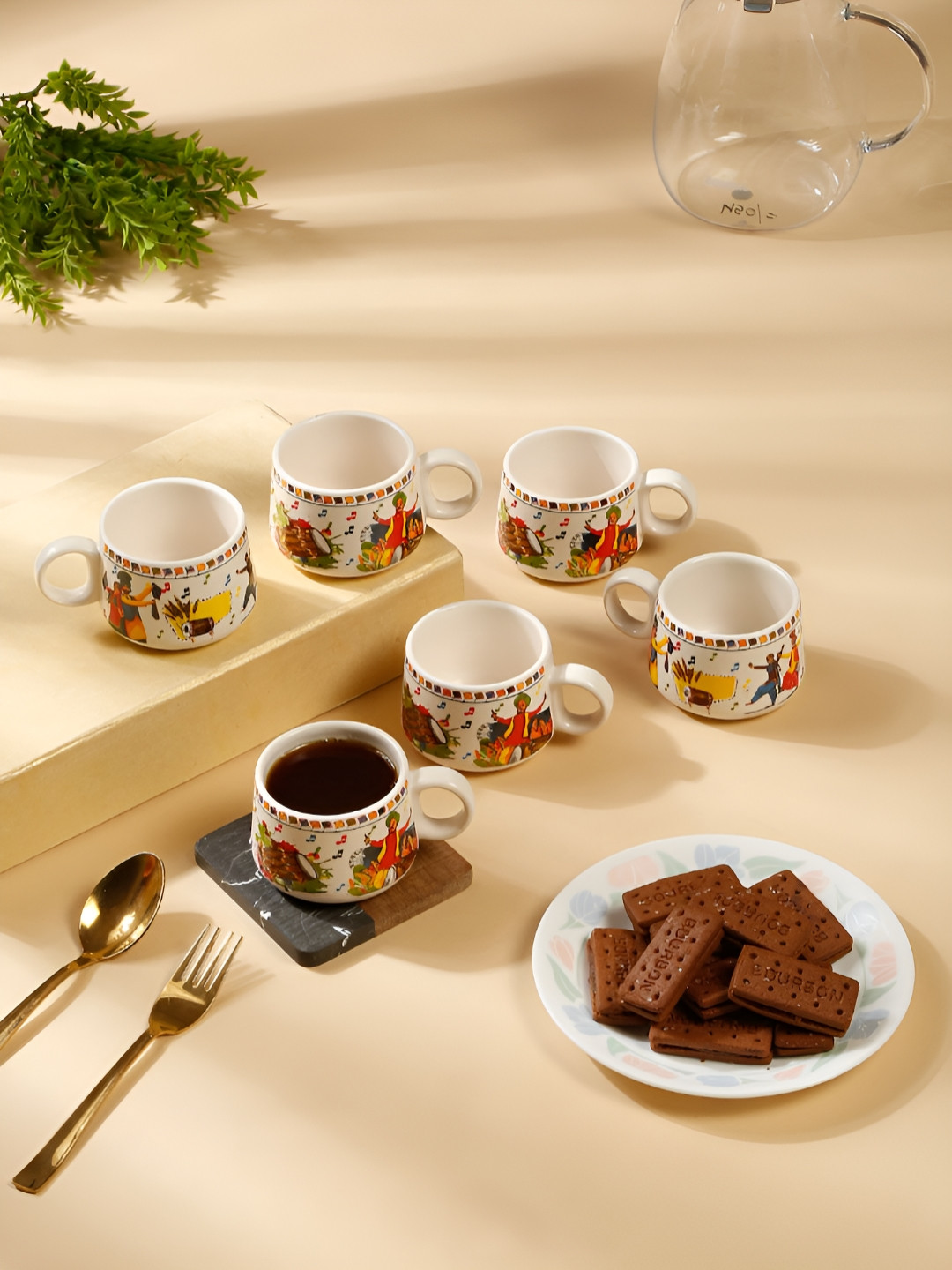 Myntra Elegant Homes Physically Here, Mentally With My Dog Off White Floral Ceramic Handcrafted 6 Piece Cups-300ml