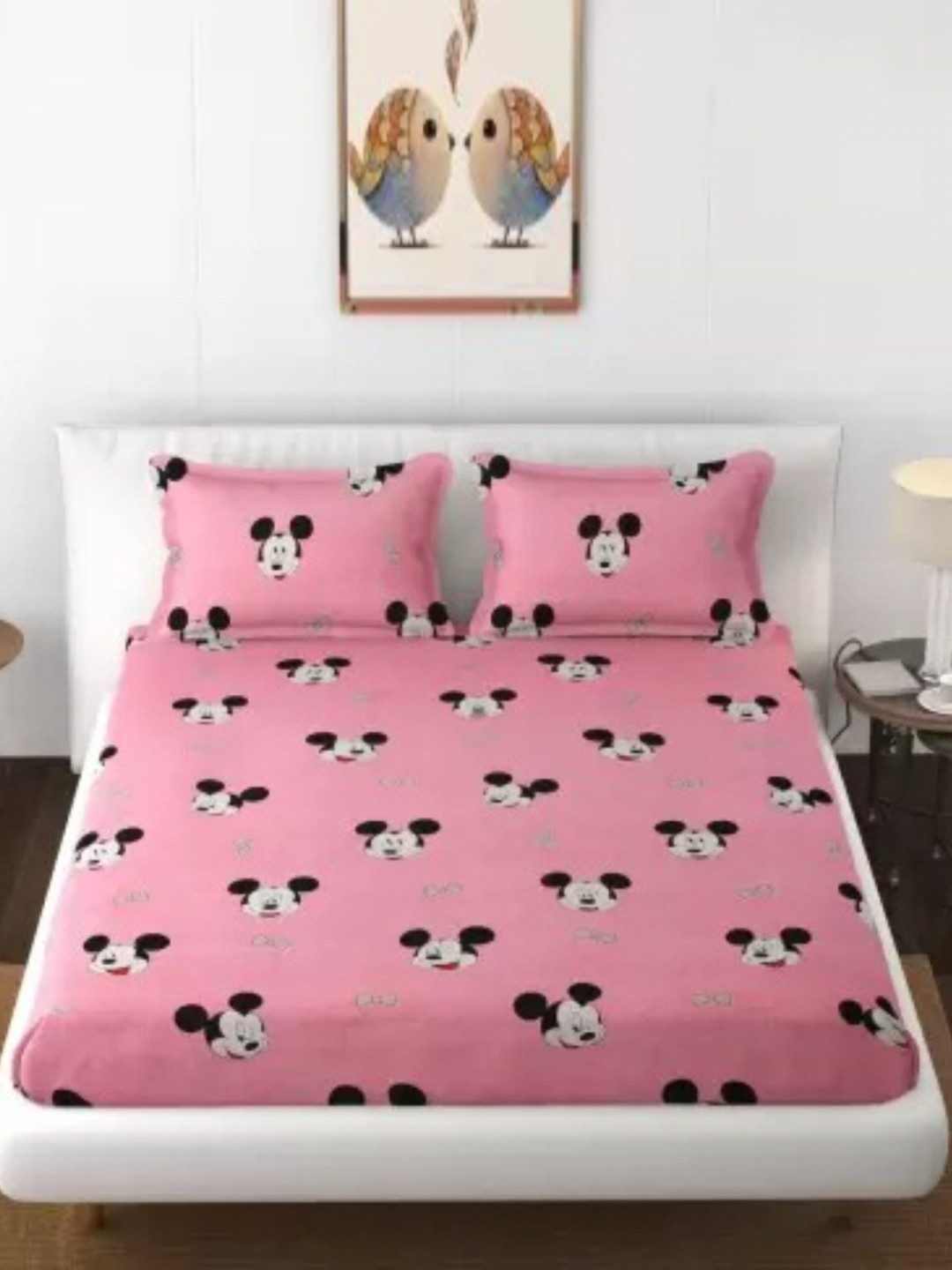 Aura Pink Cartoon Characters Microfiber 144 TC King Bedsheet with 2 Pillow Covers-89 x 89 inches