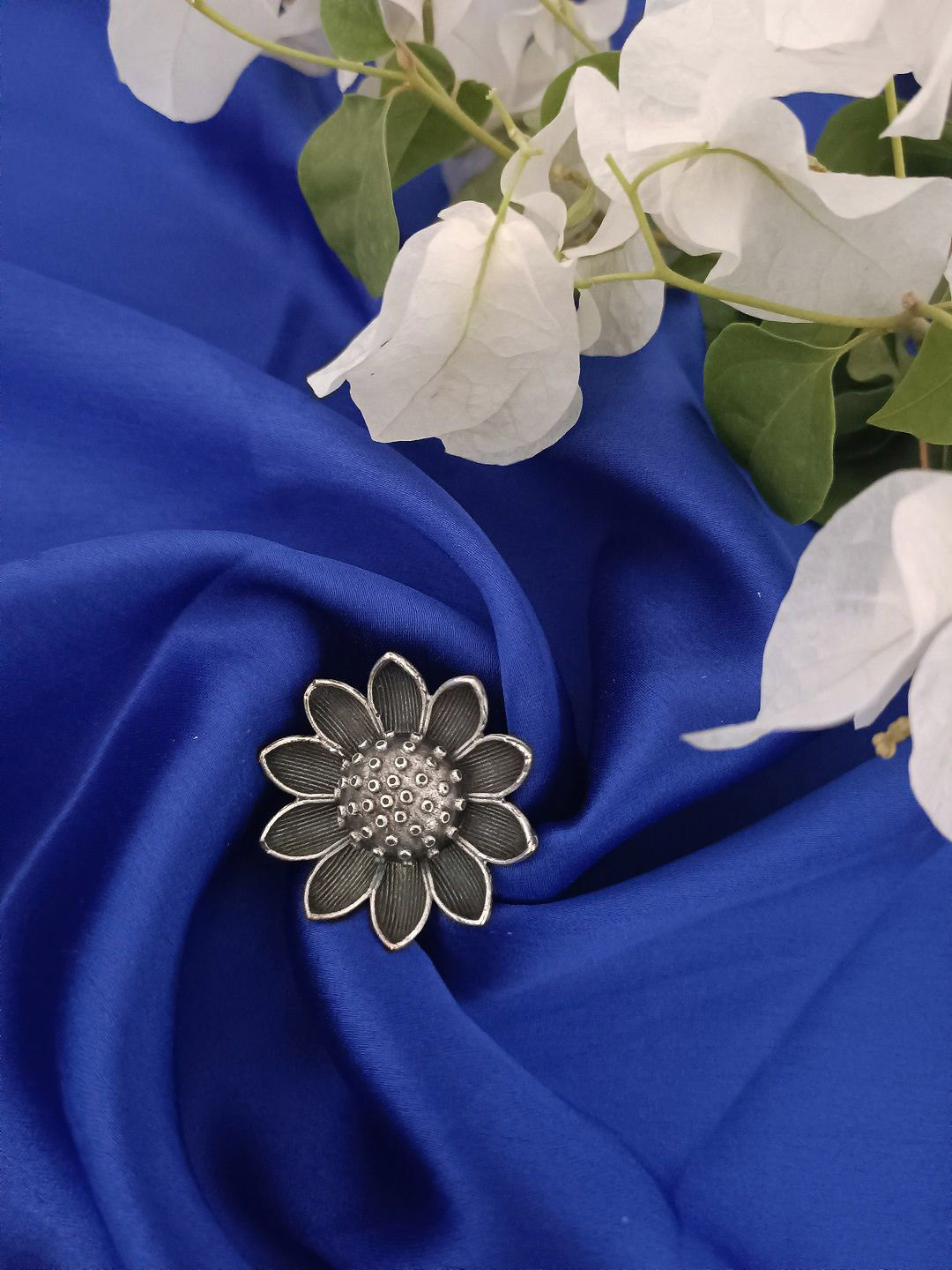 Sanjog Antique-Plated Oxidised Adjustable Flower Design Statement Finger Ring