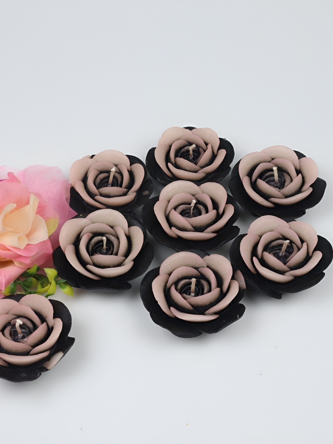 Shraddha Creation Black Forest Fragrance, Two Tone Floating Rose, Black Color Home Decor 8Pcs Scented Candles