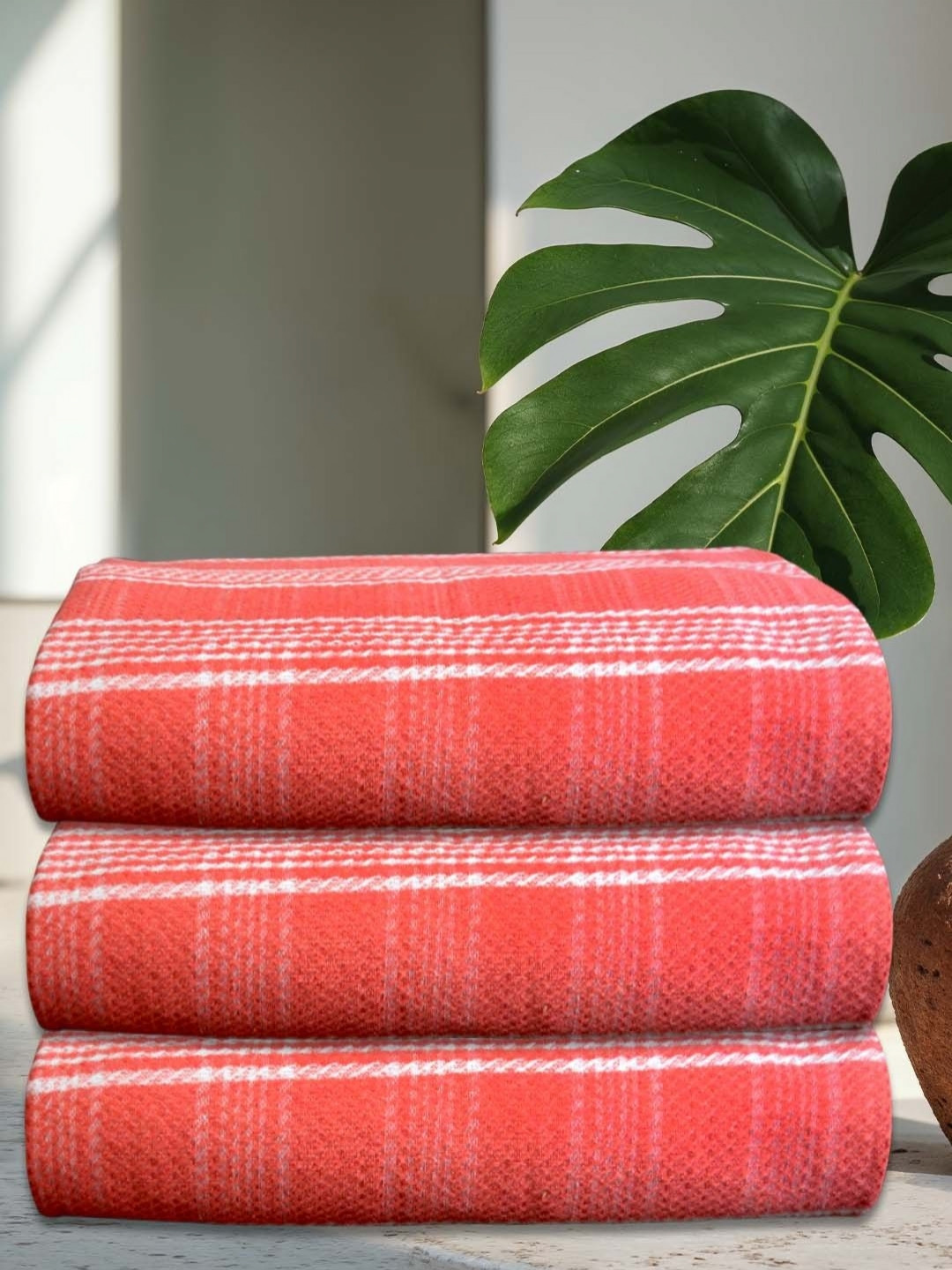 Athom Living Rust & White Set Of 3 Striped Cotton 210 GSM Bath Towel