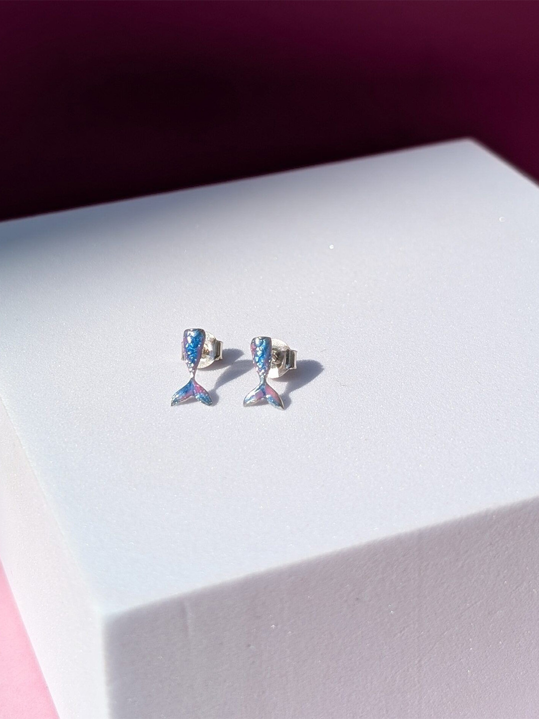 ShimmerTots 925 Sterling Silver Rhodium-Plated Mermaid Tail Studs For Girls