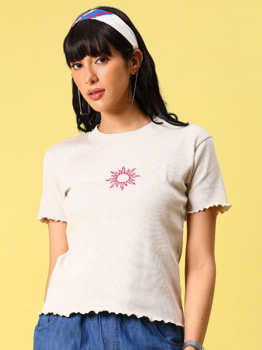V-Mart Rib Self Design Round Neck T-shirt