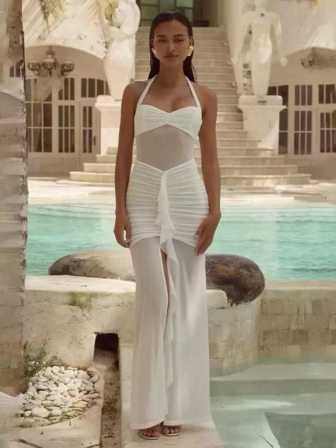 Miss Mosa By Akanksha  White Senna Bodycon Slit Maxi Dress