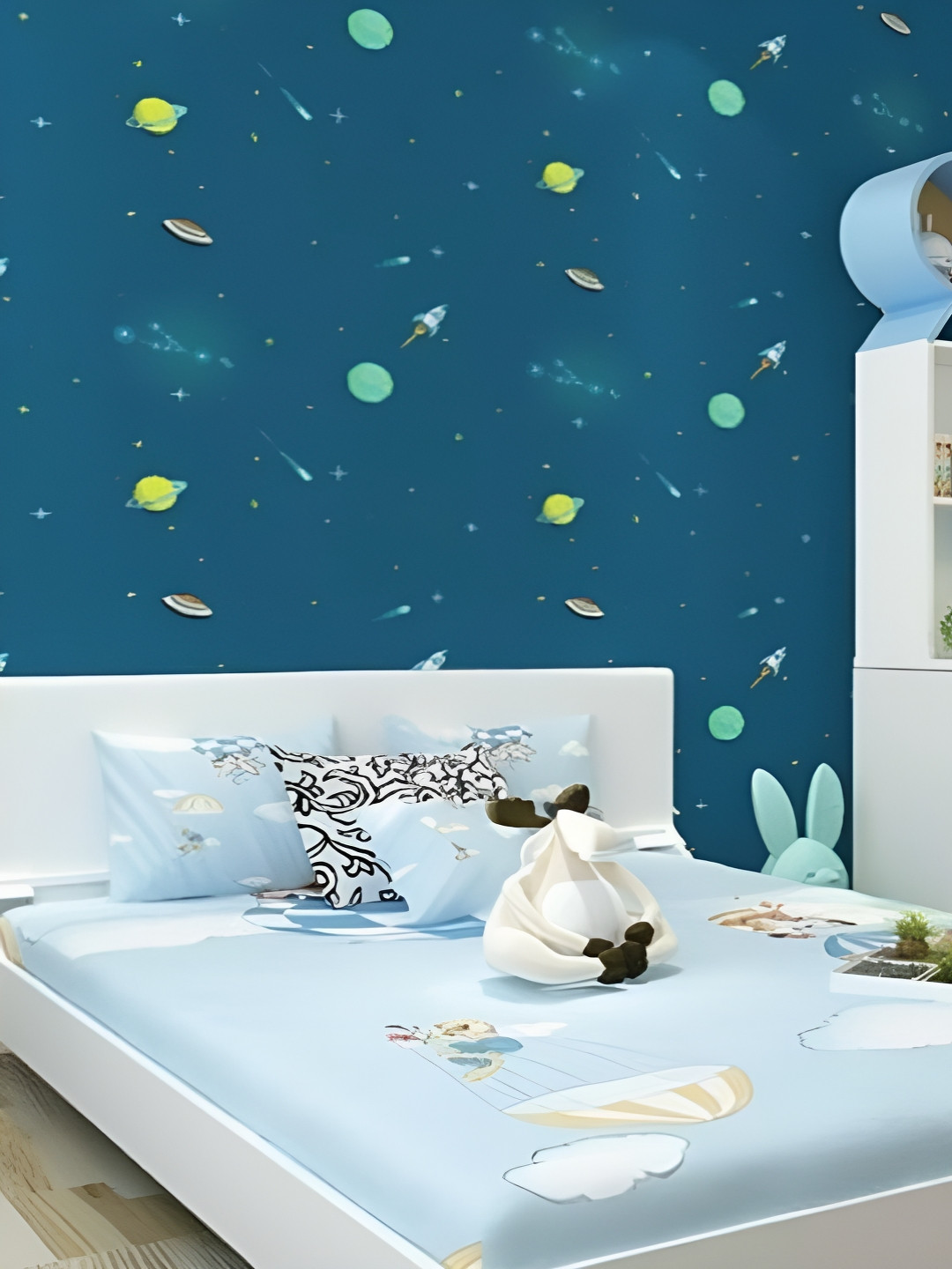 INDIAN ROYALS Blue & Green Space Printed Self-Adhesive & Durable Wall Sticker