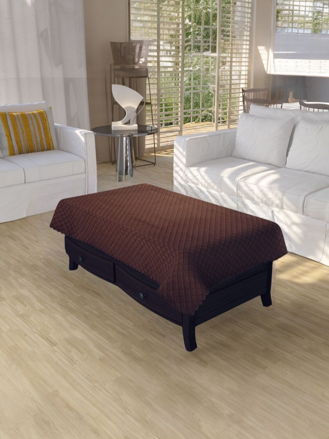 BIGGER FISH Coffee Brown Anti-Slip Velvet Checkered Cotton 4-Seater Table Cover