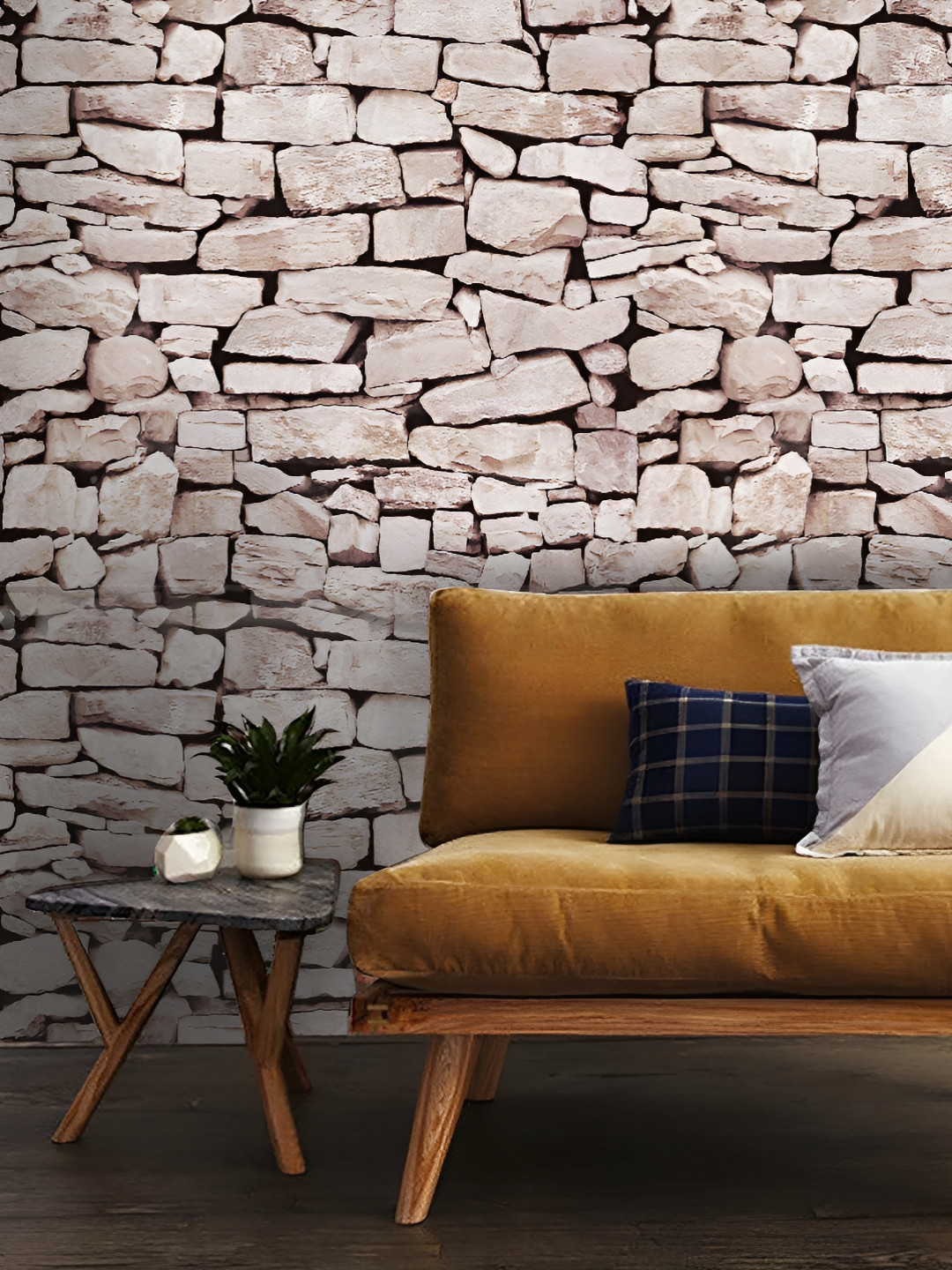 INDIAN ROYALS Light Cream Stone Bricks Printed Self-Adhesive & Durable Wall Sticker