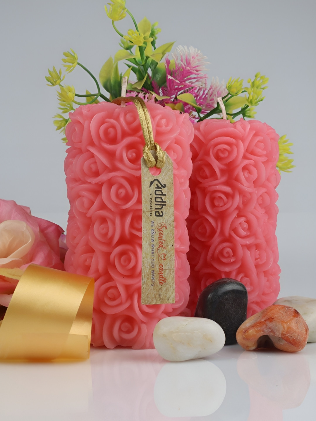 Shraddha Creation Designer Rose Pink Candle 2Pcs Smokeless Scented Solid Pillar Candles