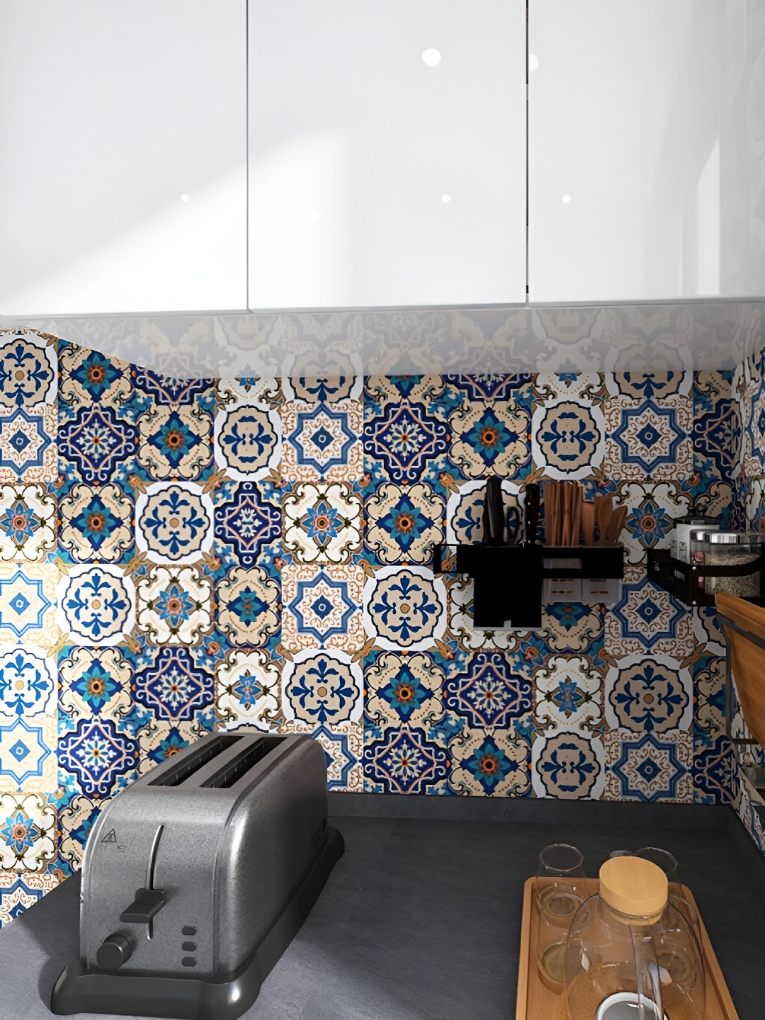 INDIAN ROYALS Grey & Blue Mosaic Tile Printed Self-Adhesive Wall Sticker