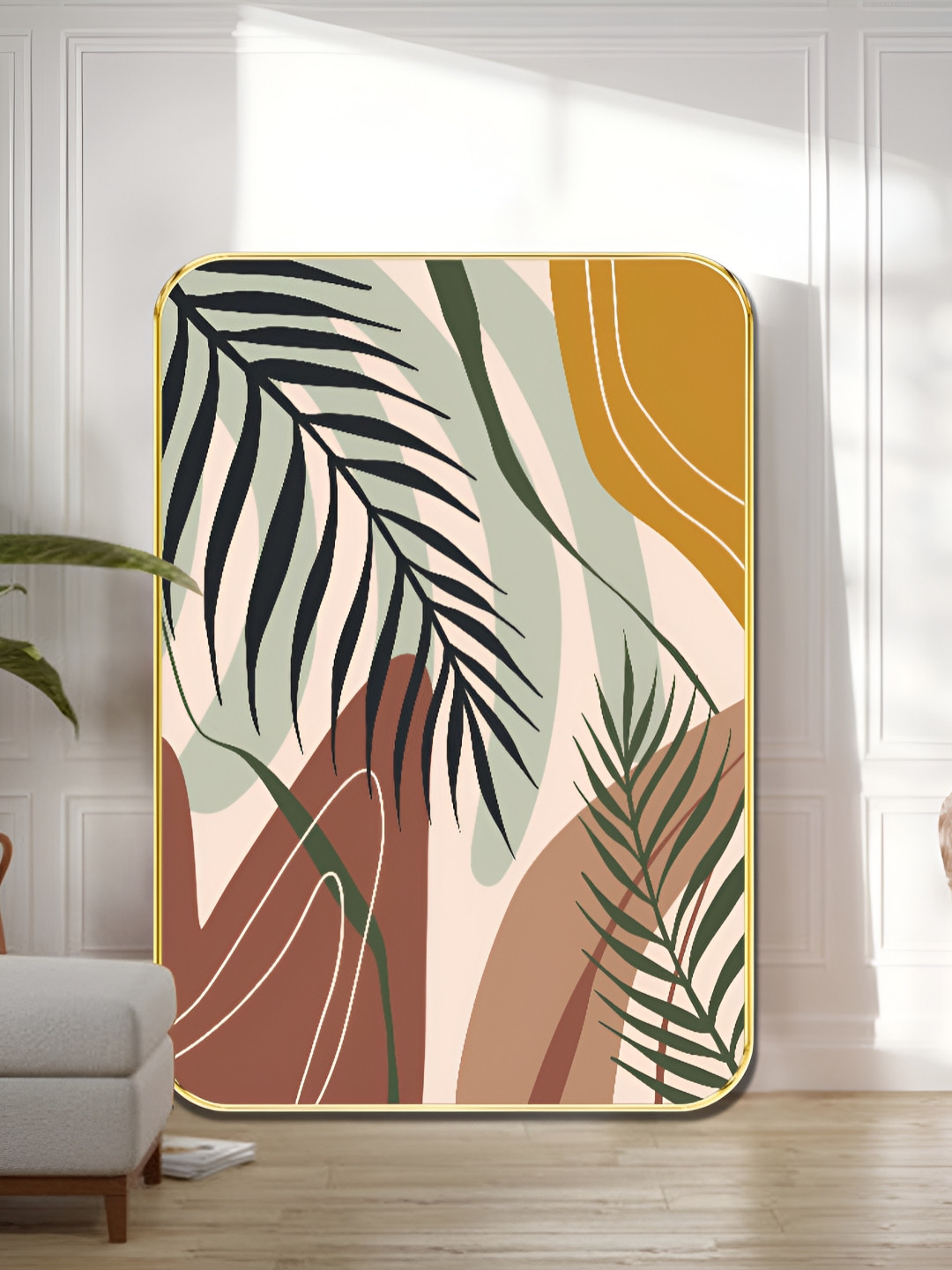 Myntra Elegant Homes Cream-Coloured & Green Abstract Tropical Palm Leaves Wooden Wall Art