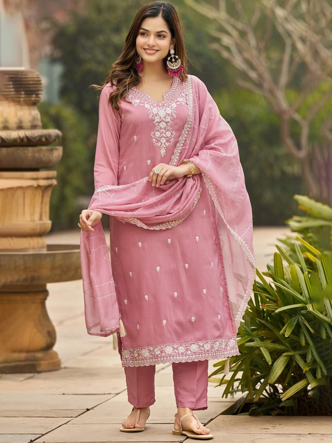 Colors of Earth Floral Embroidered Notch Neck Straight Kurta With Trousers & Dupatta
