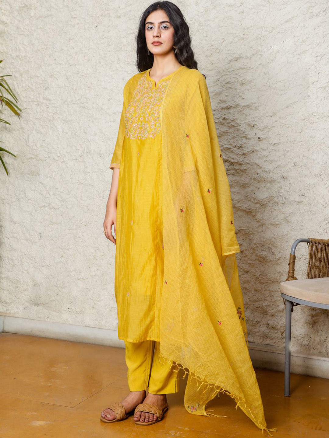 TATWA DESIGNS Women Floral Mustard yoke bouqet kurta set