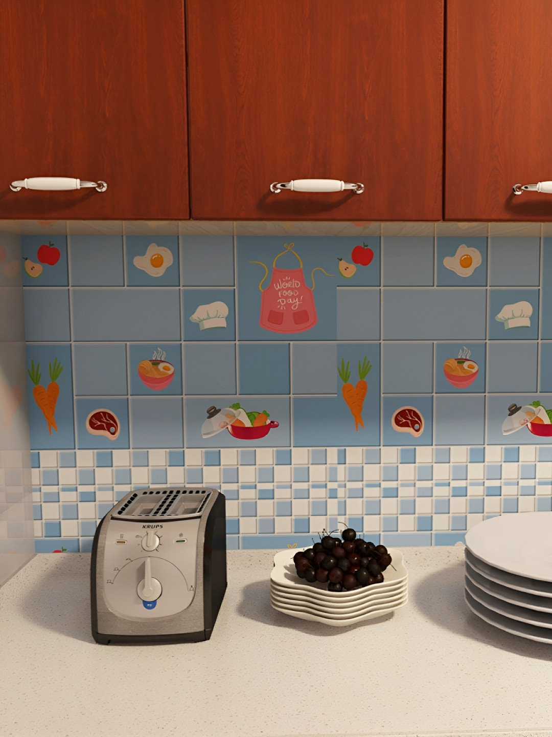 INDIAN ROYALS Blue & White Printed Vegetable and Fruit Design Waterproof Wallpaper