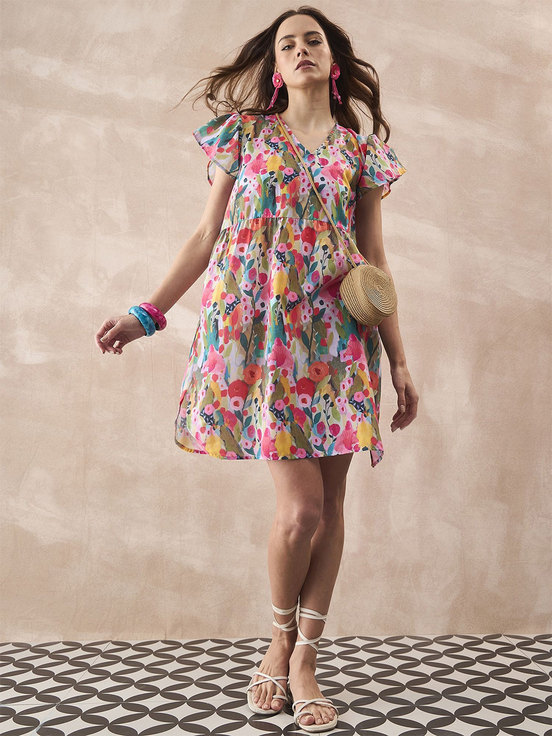 InWeave Women Floral Print Gathered or Pleated Flutter Sleeves A-Line Dress
