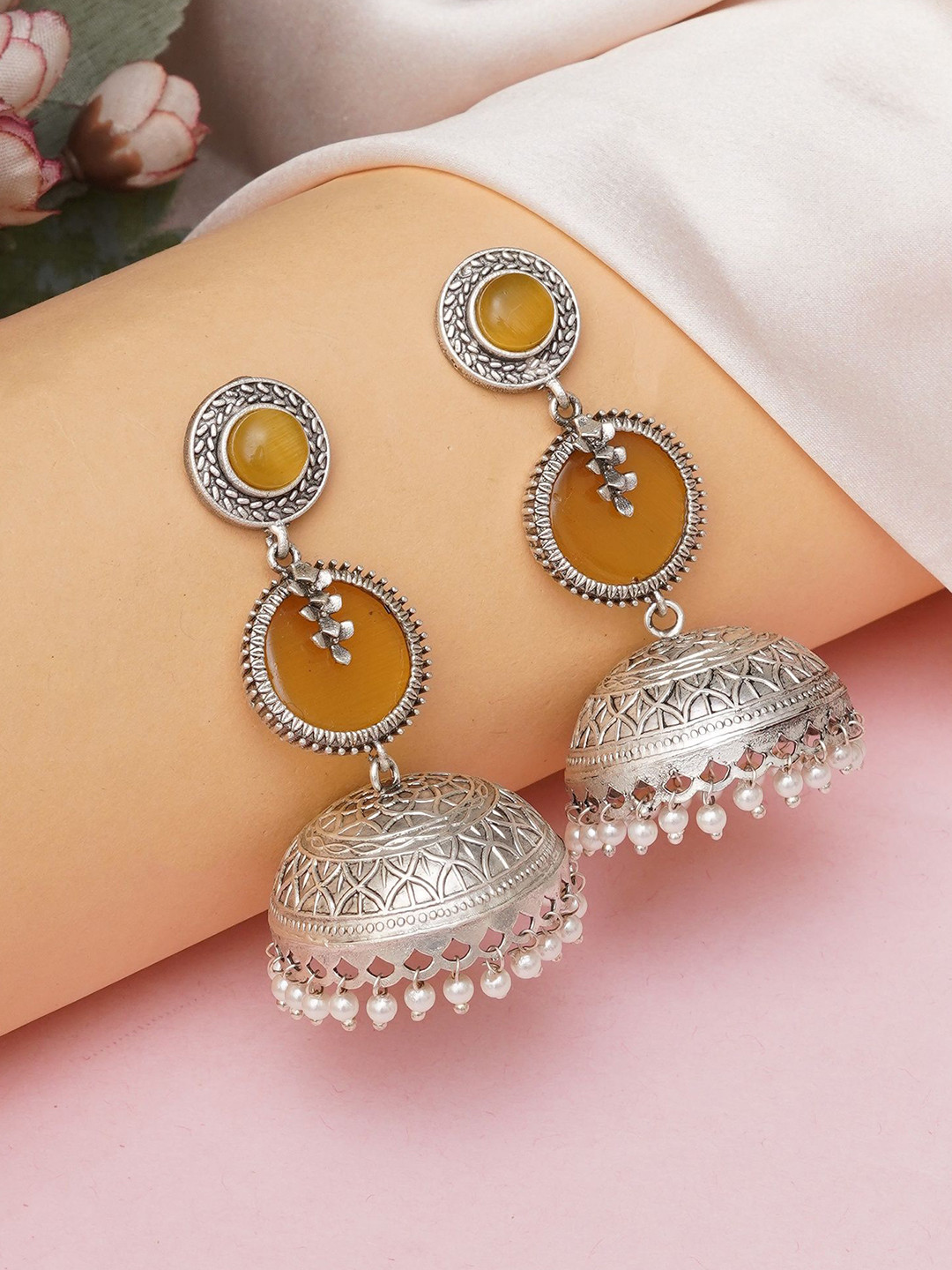 JEWILLEY Brass Silver-Plated Oxidised Dome Shaped Jhumkas